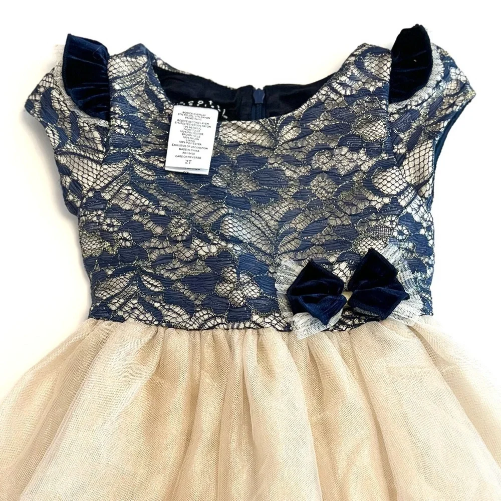 Biscotti Navy and Lace Champagne Tulle Dress with Bow, Girls 2T - Like New